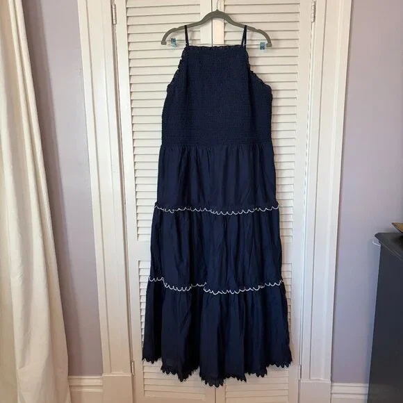 Ann Taylor Smocked Scalloped Tiered Maxi Dress XL navy blue white ruffle - Picture 2 of 10